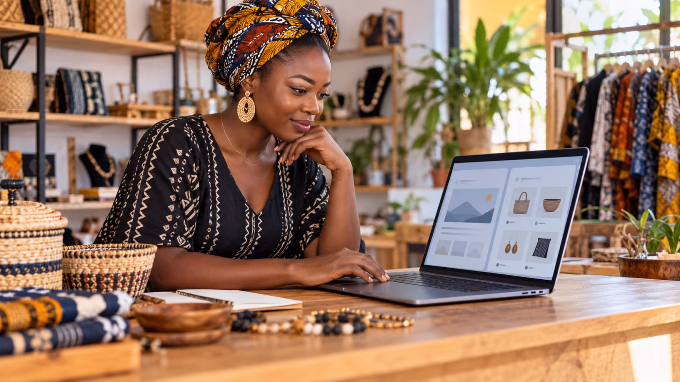 Entrepreneure consultant une boutique en ligne sur un ordinateur portable
