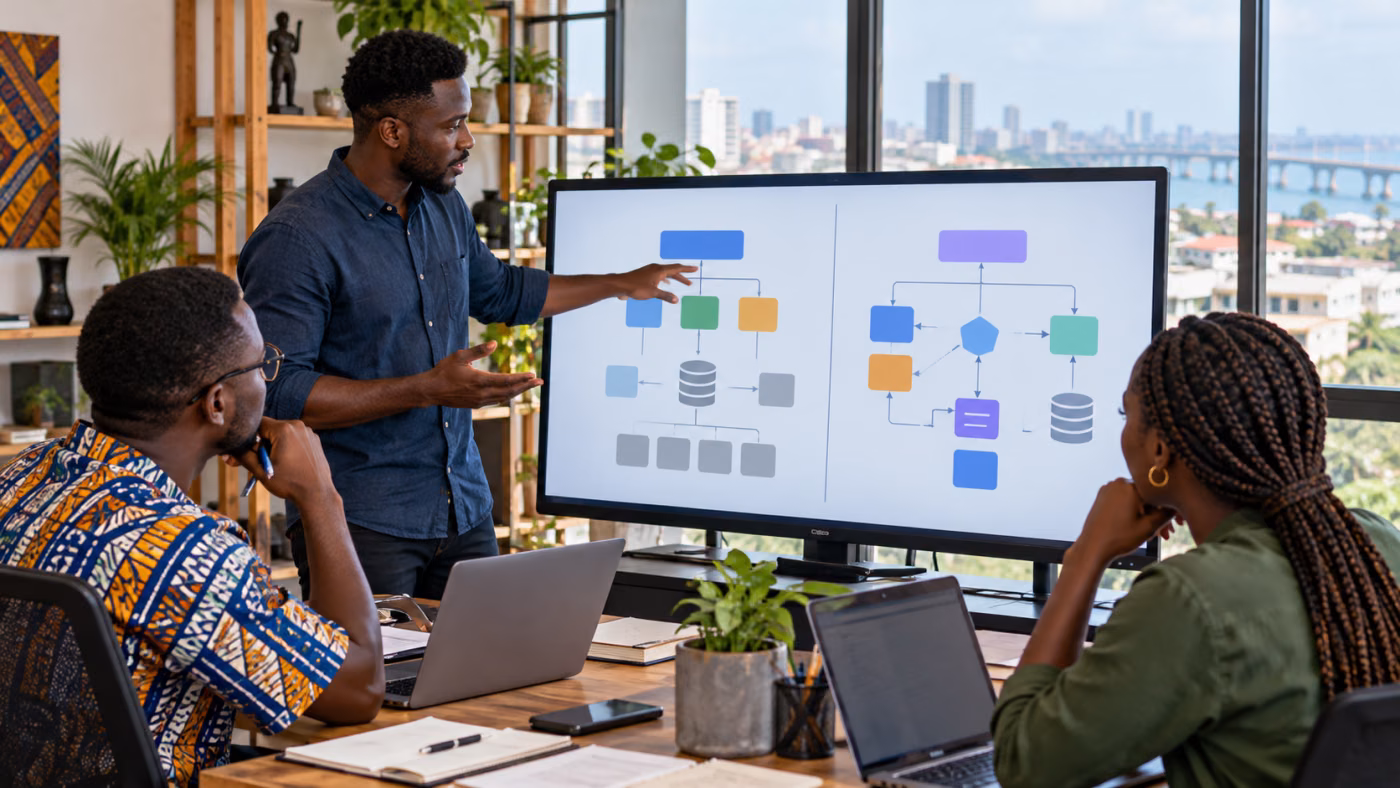 Équipe web comparant deux architectures techniques sur un écran